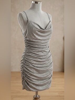 Babyboo Fashion Silver Sparkle Ruched Mini Dress